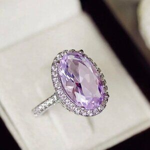 🌸925 Silver Plated Shining 4 Claws Oval Shaped CZ Ring, MARR9375